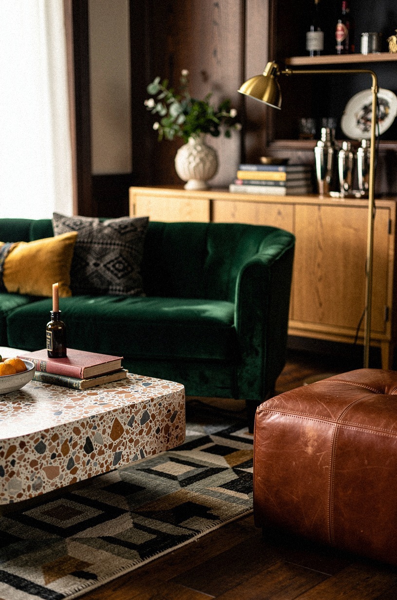 Layer a geometric rug over stained hardwood floors