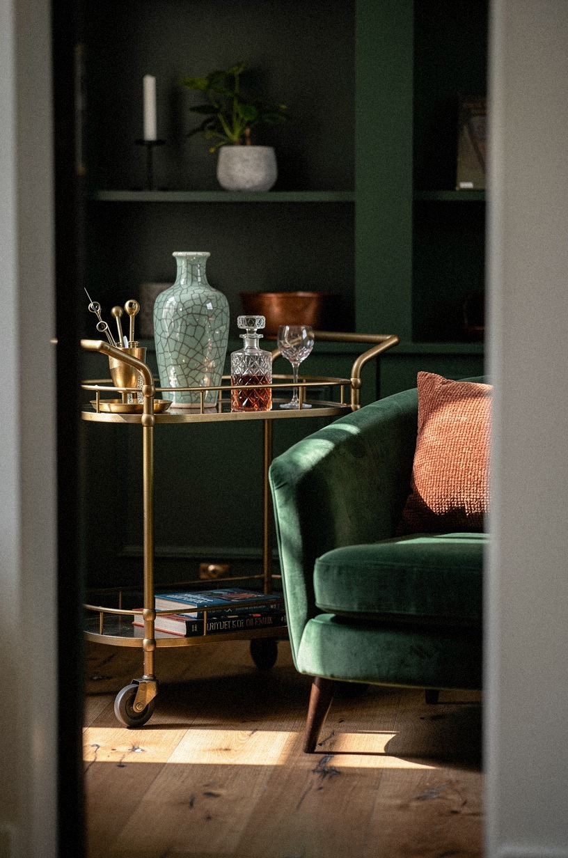 Tuck a brass drink cart beside seating