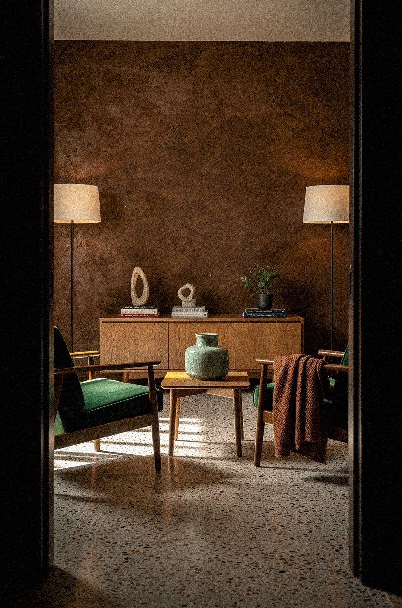 Wash tobacco walls with upward floor lamps