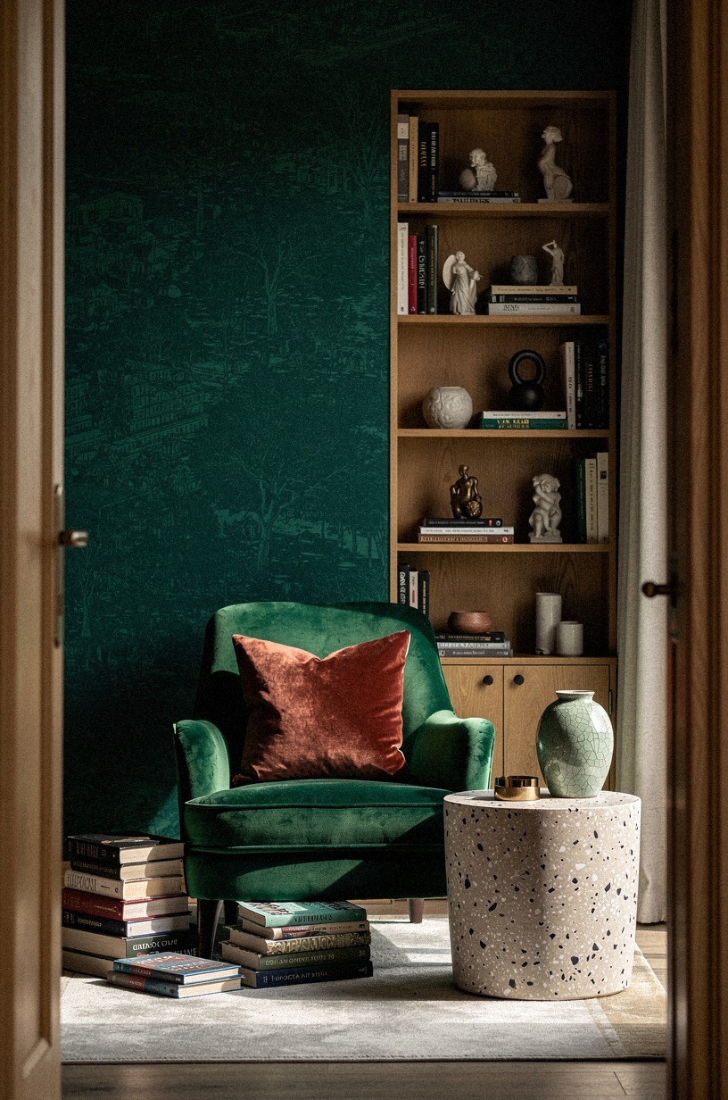 Create a velvet-backed wallpaper reading corner