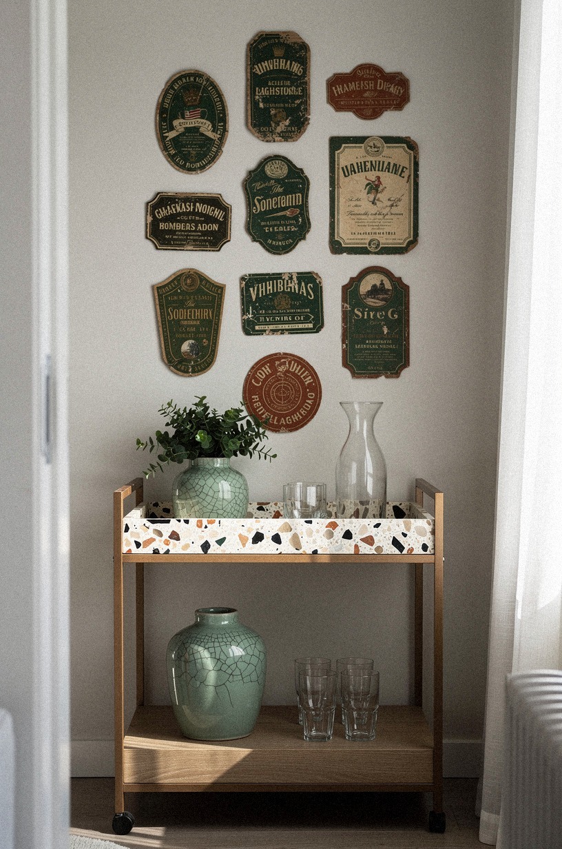 Cluster vintage bottle labels above the bar cart