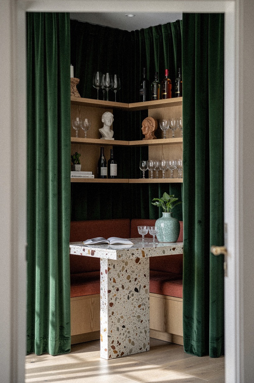 Zone a corner cocktail nook with forest green velvet panels