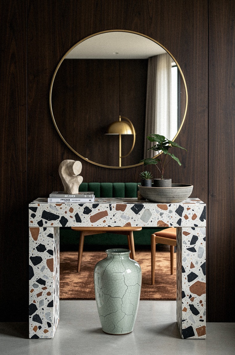 Layer a brass mirror over dark paneling