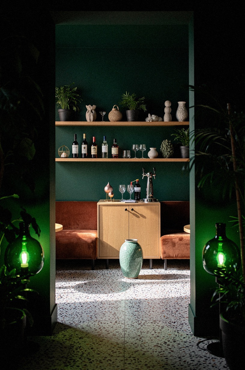 Tuck bottle-green lamps into dark corners