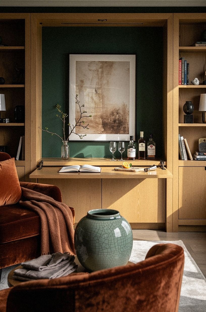 Hang framed art above a drop front bar