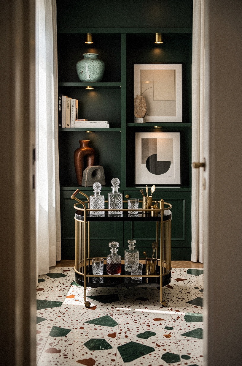 Float a lacquered bar cart in a corner, styled with cut-glass decanters and brass tools