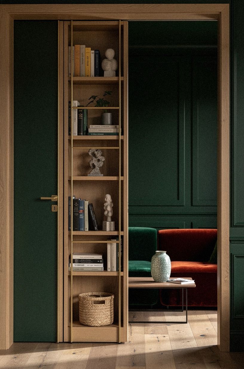 Install a pivot bookcase with brass gallery rails