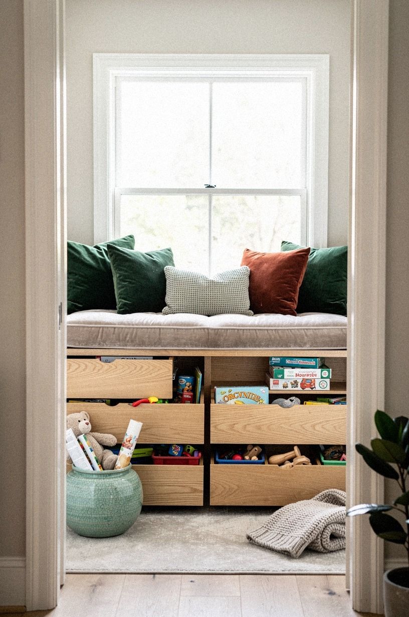 Hide toy bins inside window-seat drawers