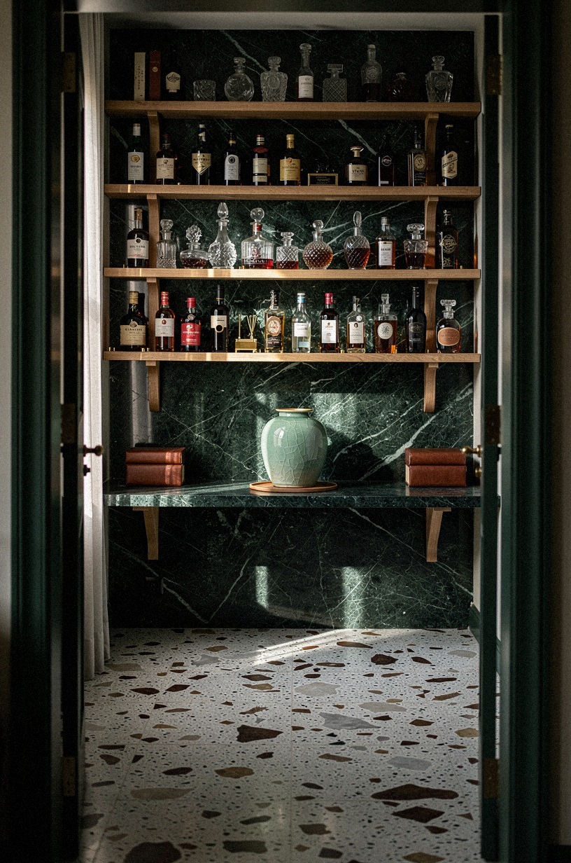 Run a Ledge of Dark Marble the Full Length of One Wall for Bottles