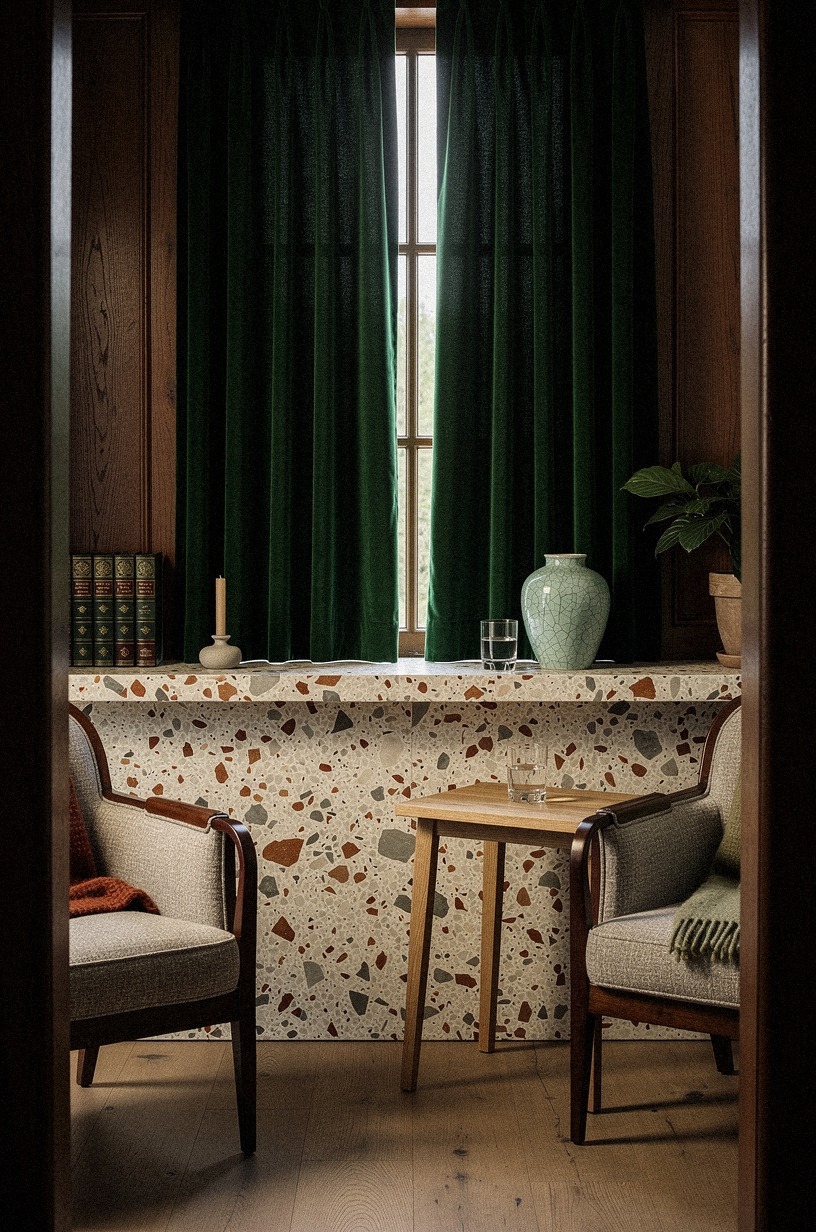 Dress windows in velvet café curtains