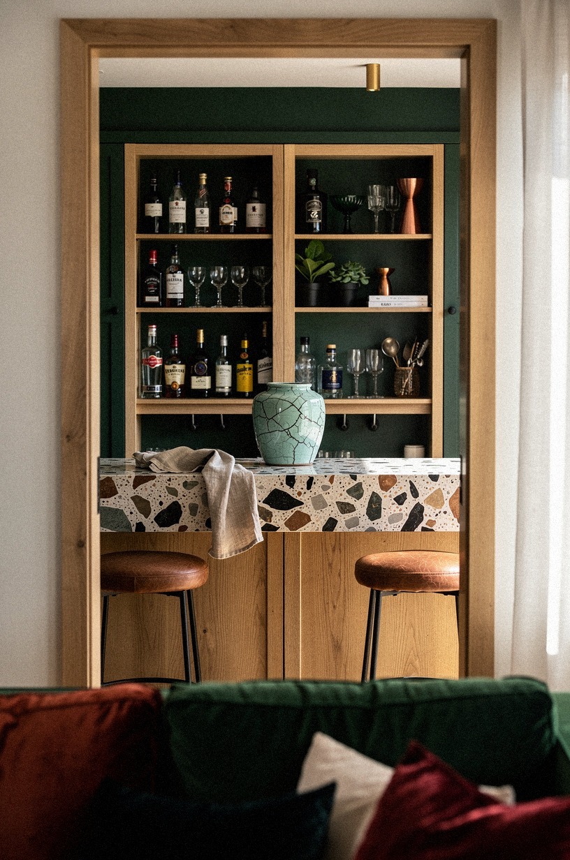 Set leather stools beside the cabinet