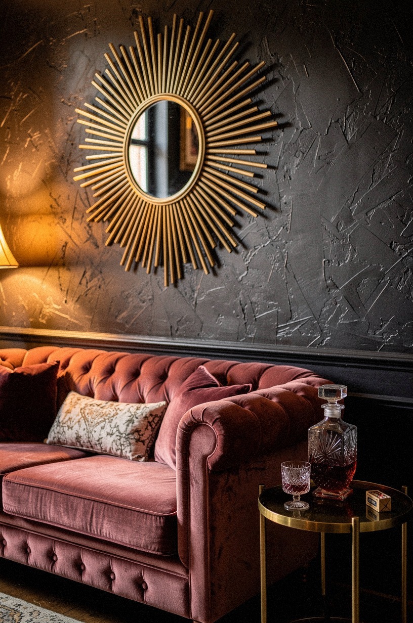 Hang a sunburst mirror above a tufted chesterfield sofa