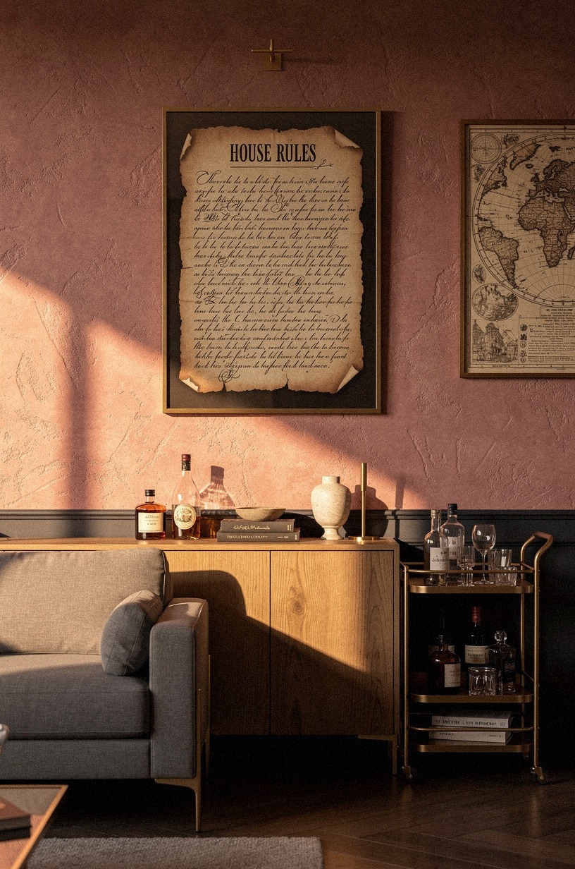 Frame house rules on aged parchment