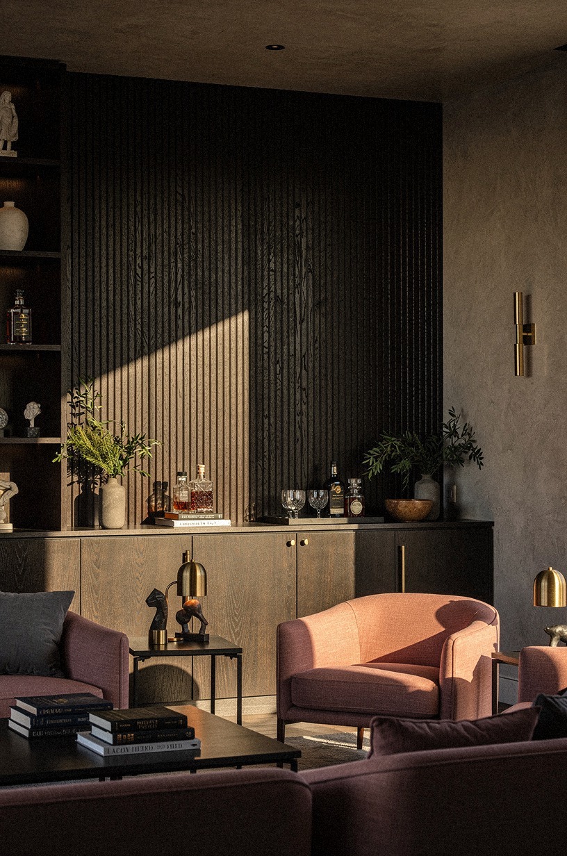 Skip the paint and panel one wall in dark fluted wood