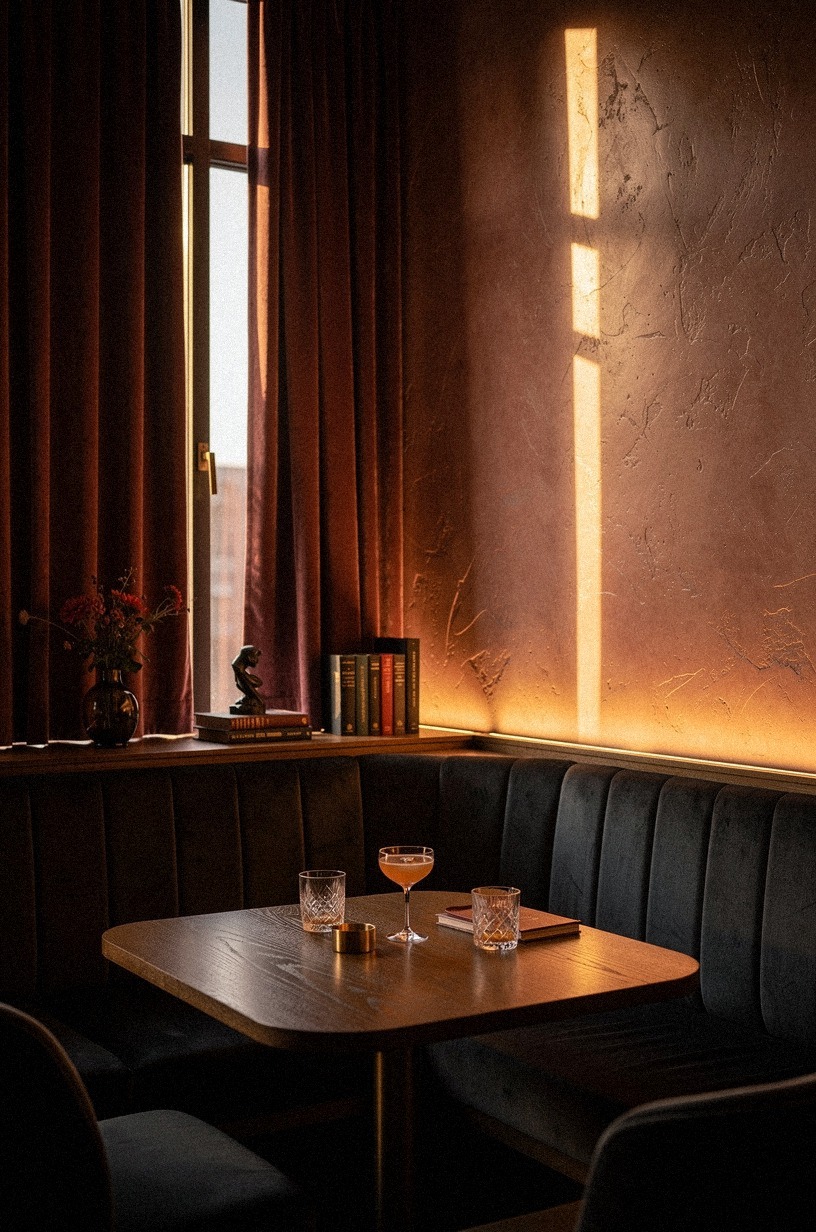 Drape velvet curtains across the windows