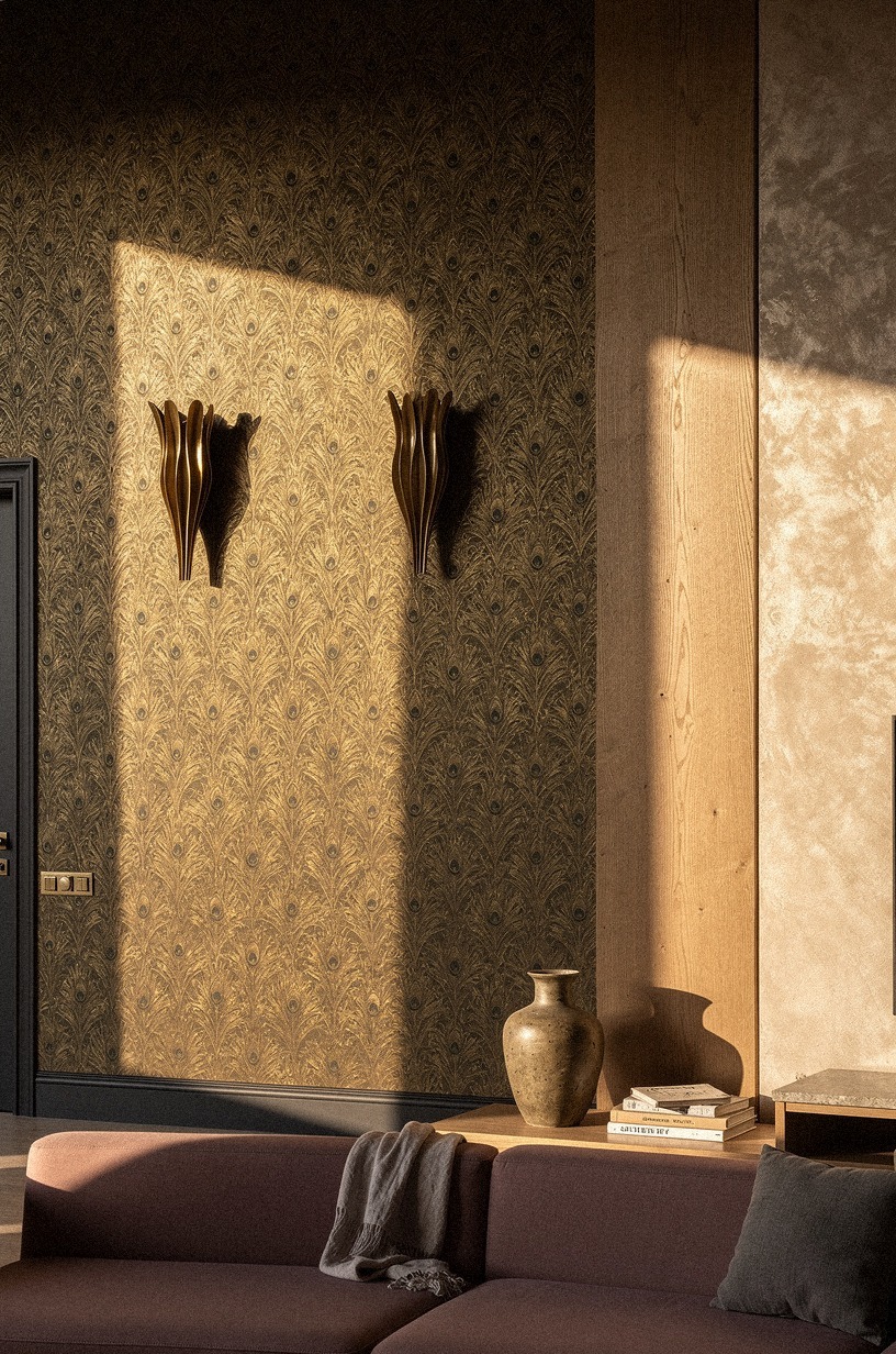 Anchor sconces on bronze peacock wallpaper