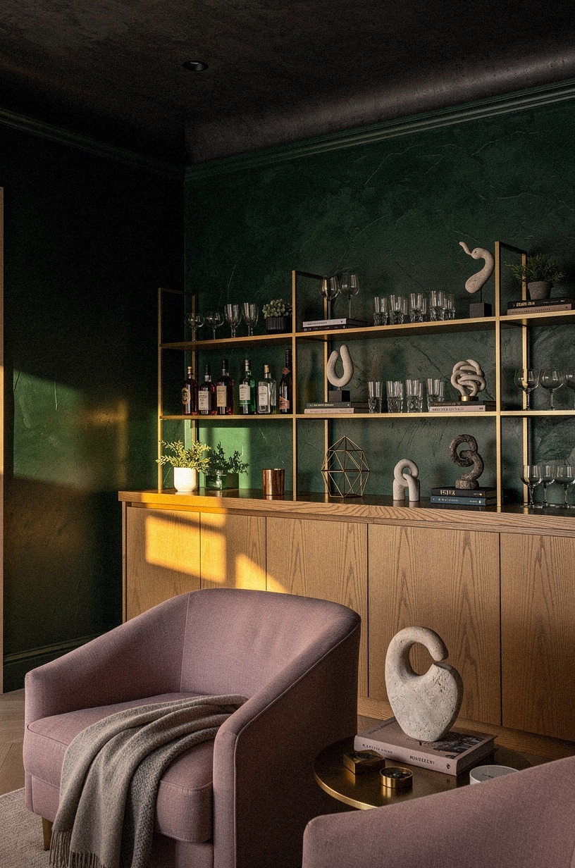 Add brass accents against bottle green