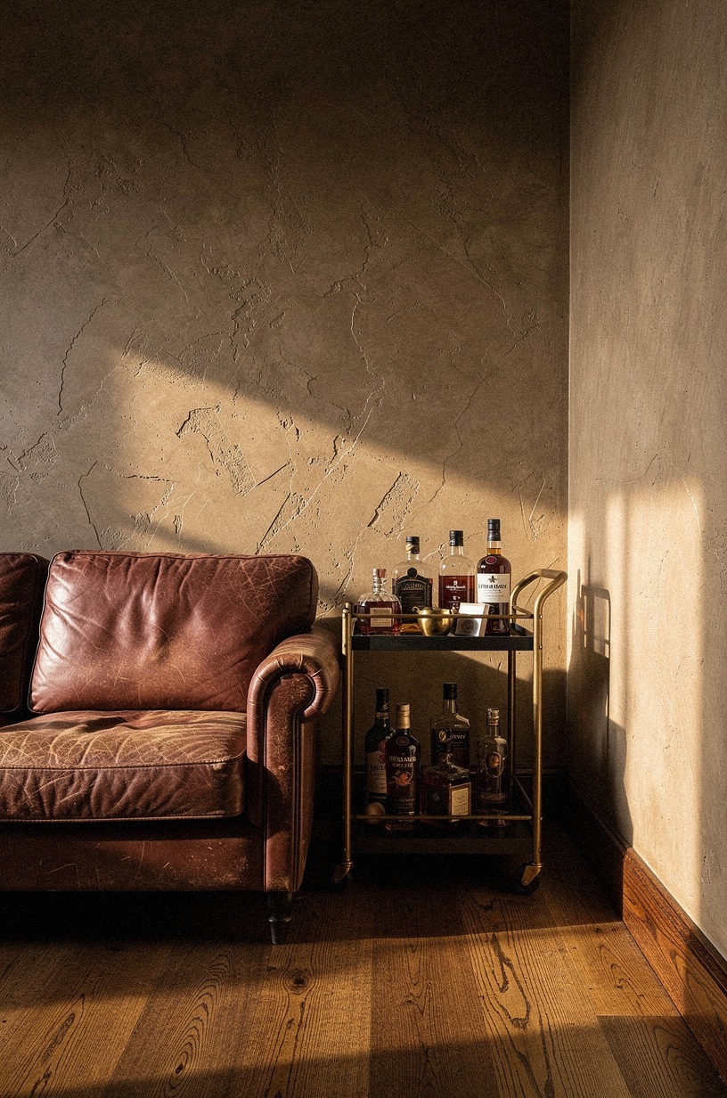 Tuck a whiskey cart beside the sofa
