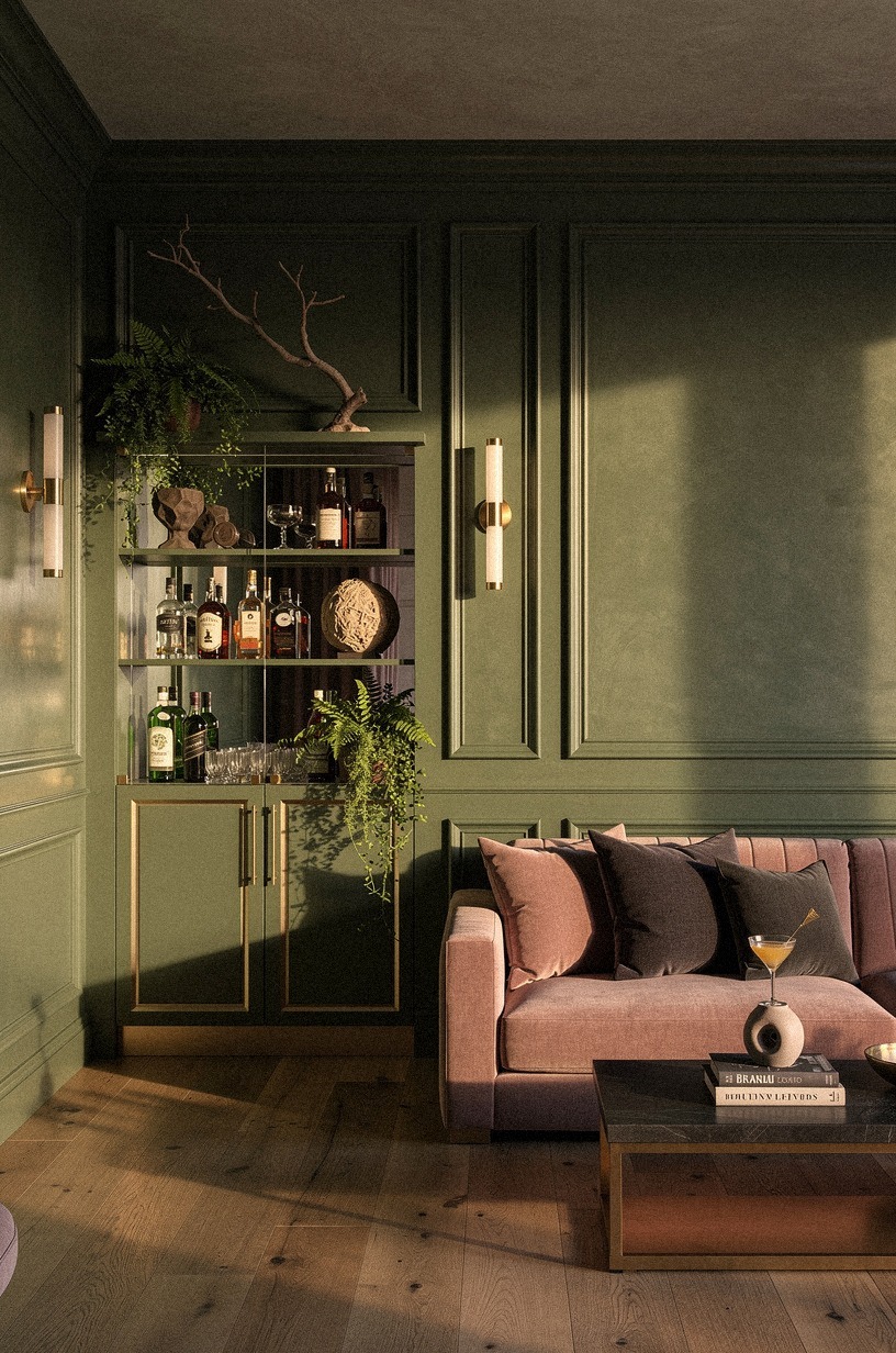Skip flat paint, panel one wall with smoky green molding