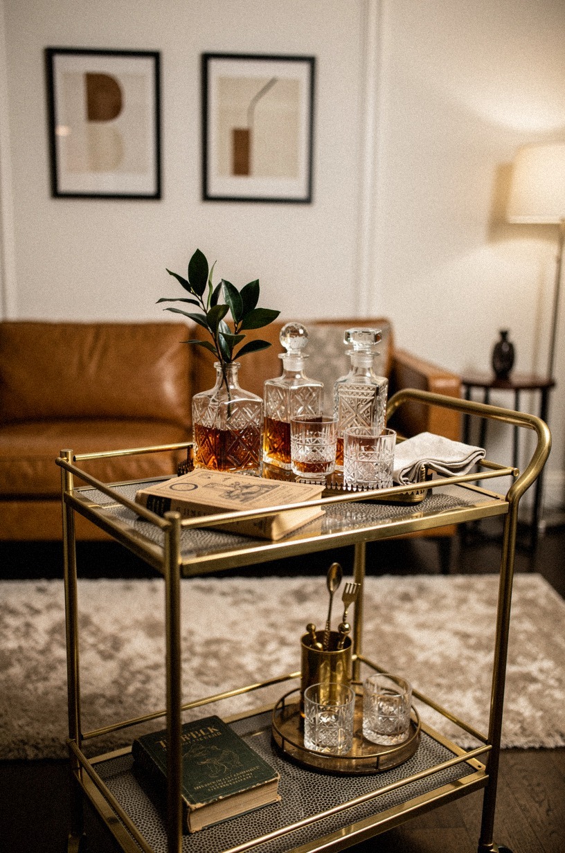 Stock a bar cart with cut-glass decanters and crystal tumblers