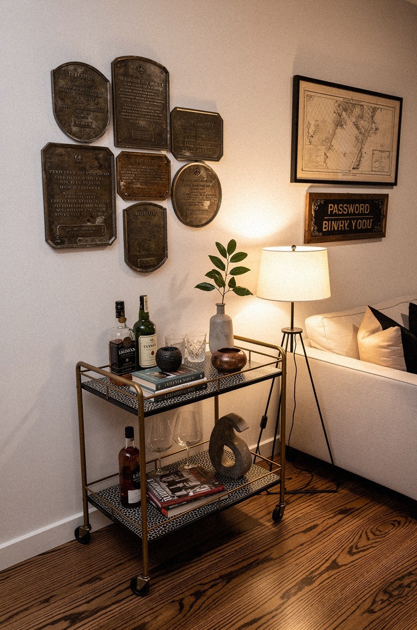 Cluster tin plaques around the bar cart
