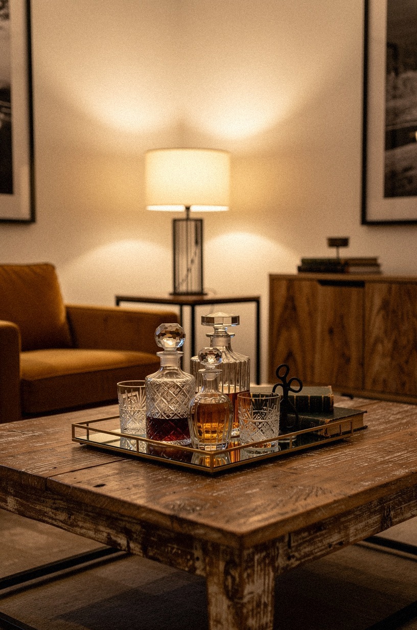 I styled decanters on a mirrored tray