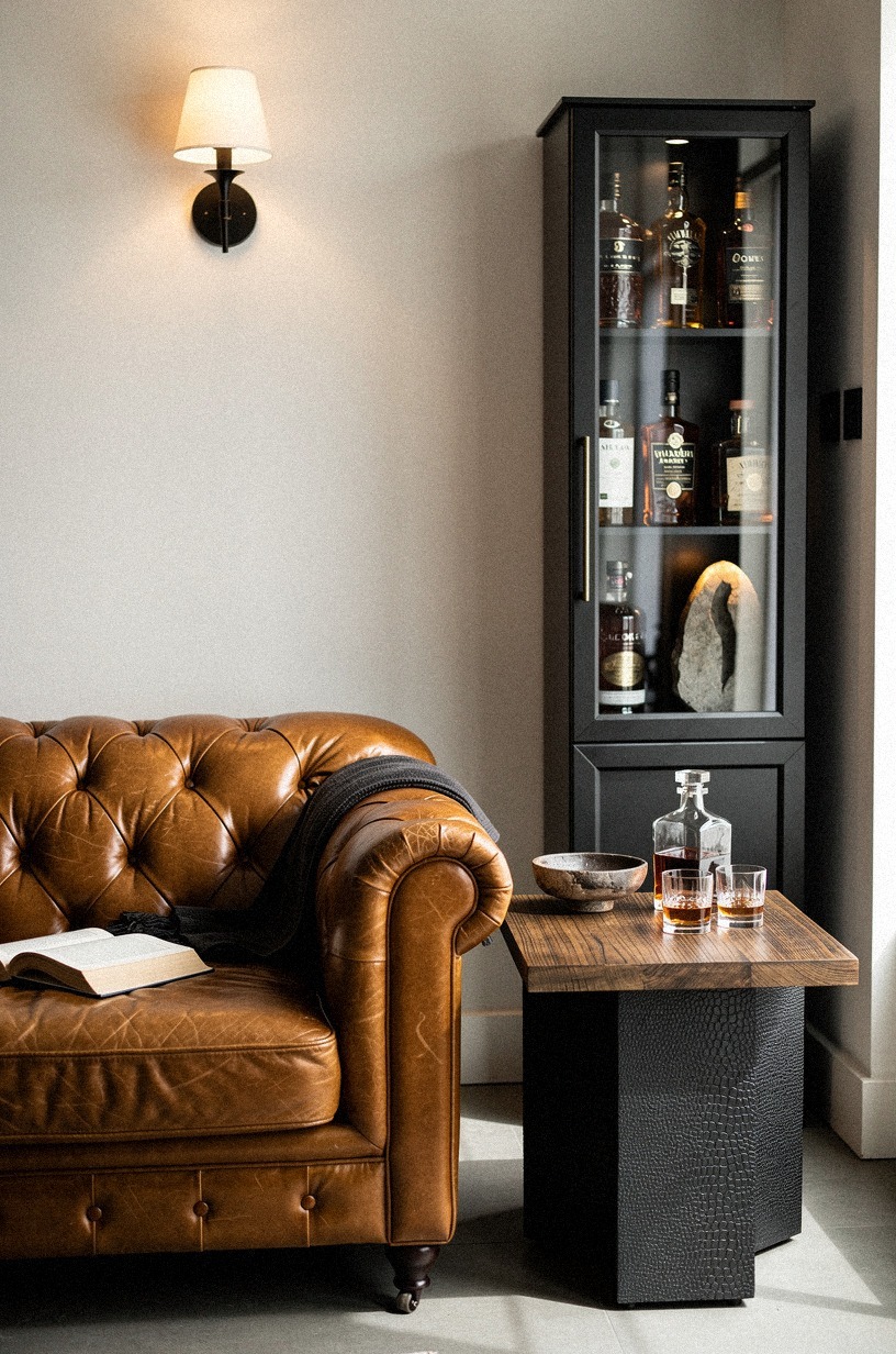 Float a leather chesterfield under sconces