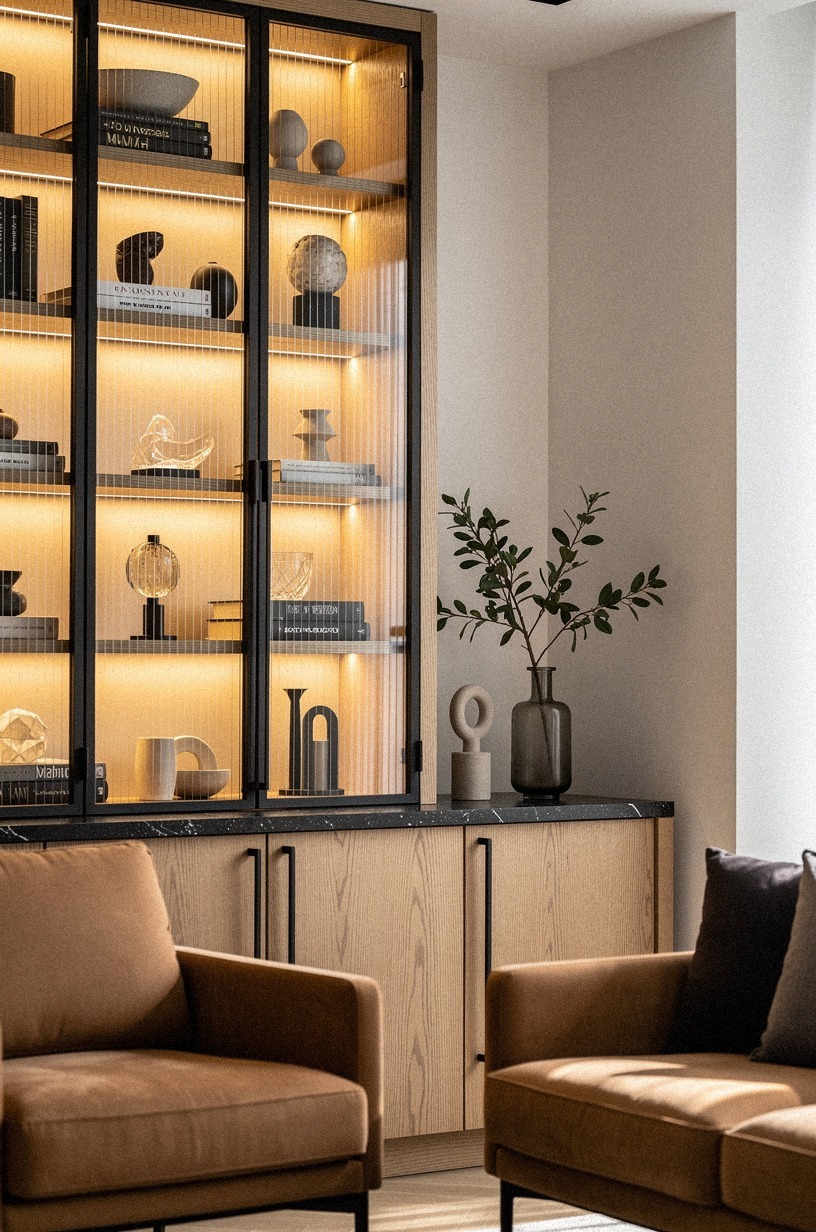 Glow shelves behind fluted glass doors