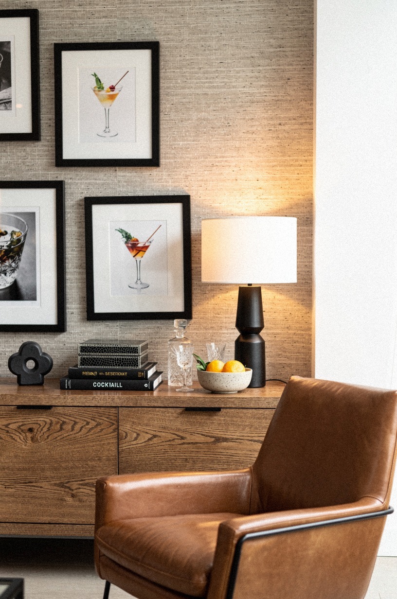 Layer grasscloth beneath framed cocktail prints