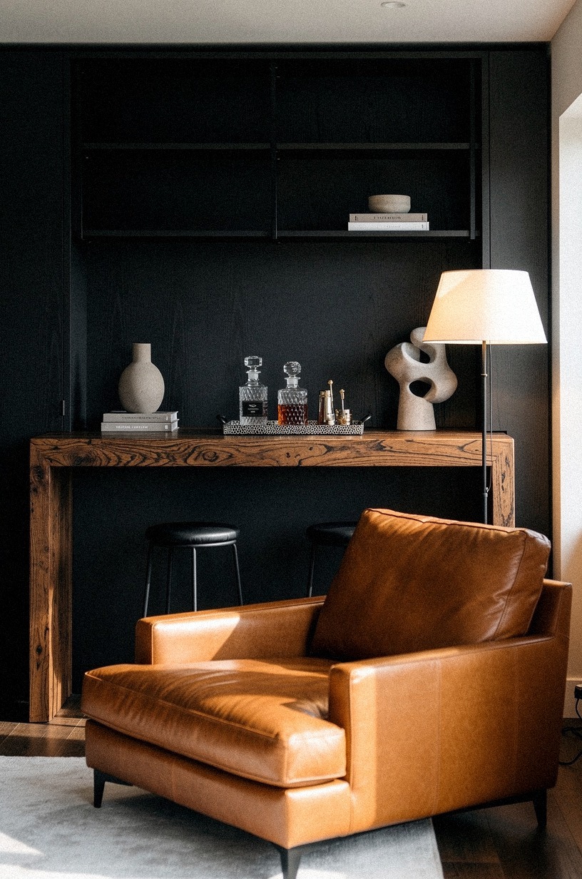 Soften dark walls with camel leather