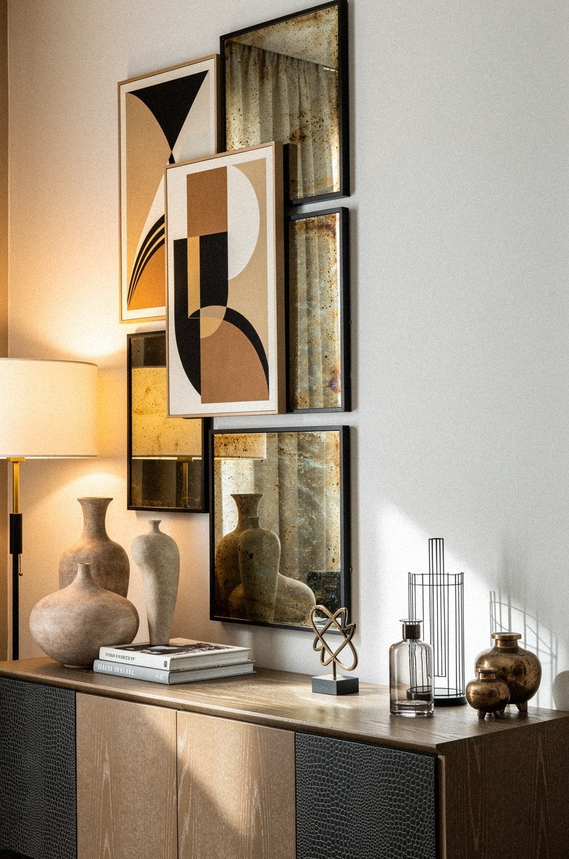 Mix Art Deco posters with tarnished mirrors