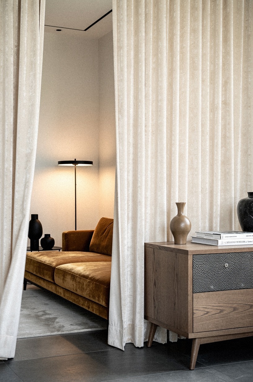 Hang Sherwin-Williams friendly portieres between open rooms