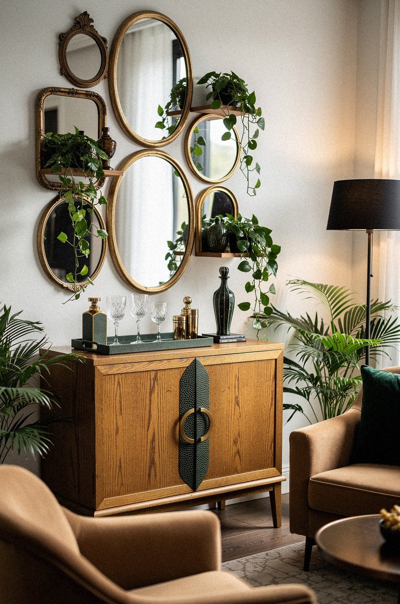 Should you cluster antique mirrors above the cocktail cabinet?