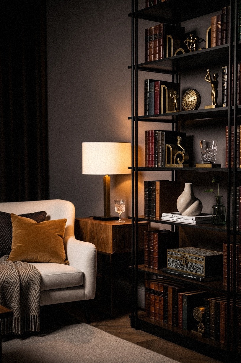 Stack leather-bound books and brass objets on a tiered étagère for vertical interest