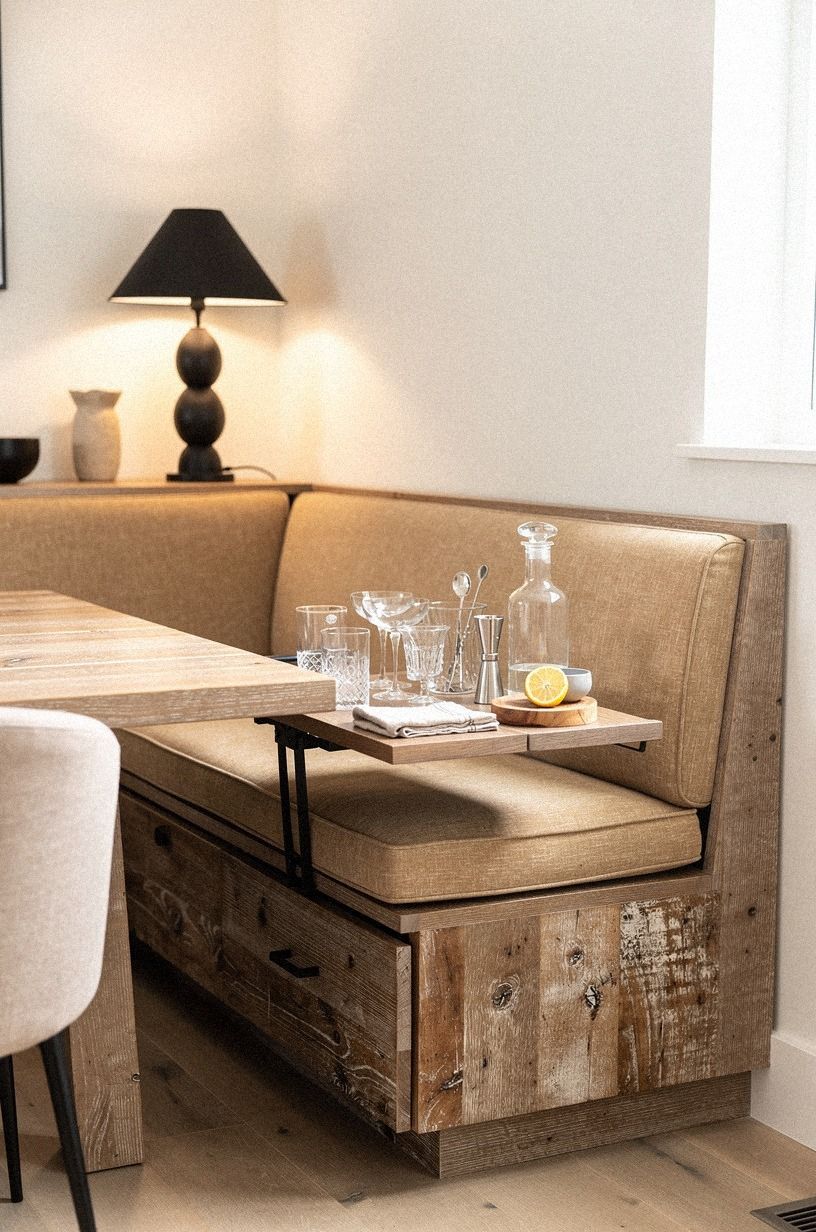 Tuck a pullout tray behind banquette storage