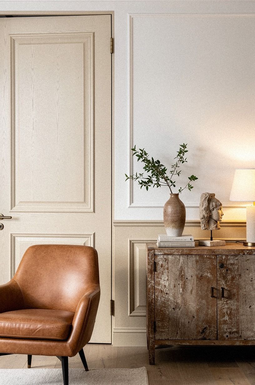 Benjamin Moore Revere Pewter over pure white on wainscoted walls