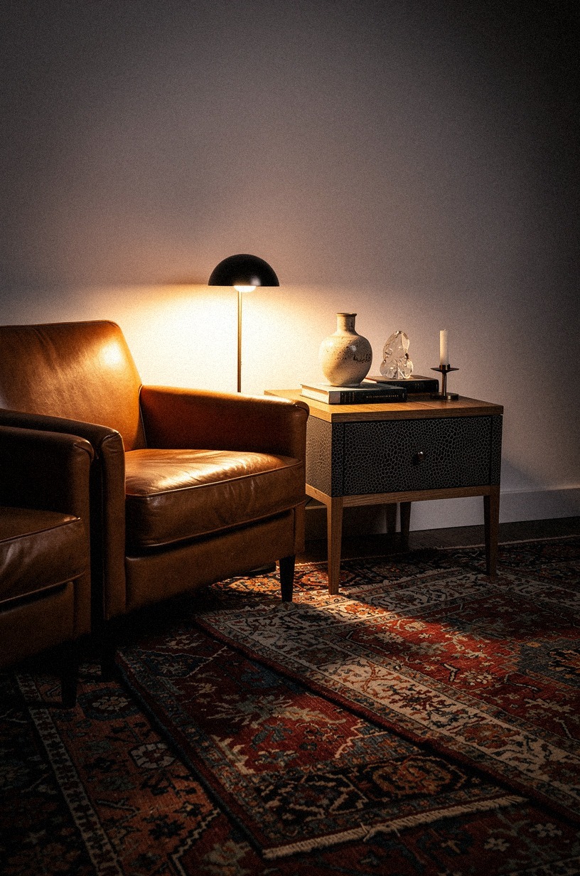 Layer Persian rugs under club chairs