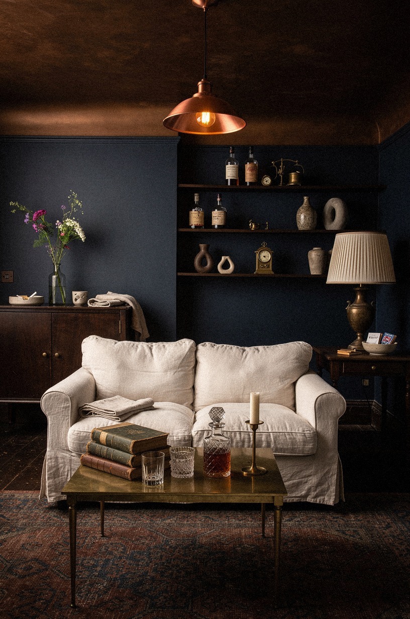 Paint the ceiling a deep tobacco brown for intimacy