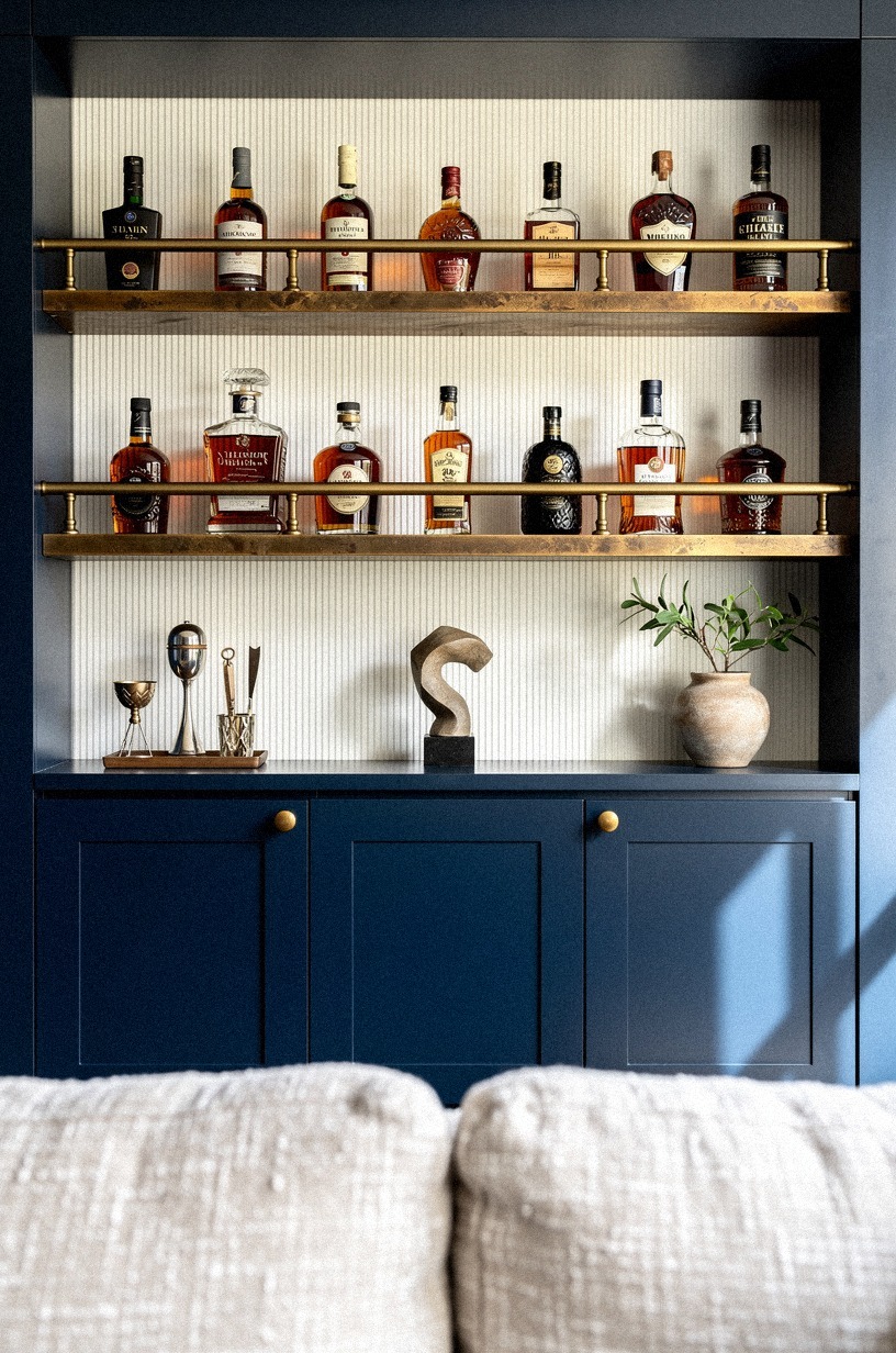 Mount brass gallery rails over the bottles