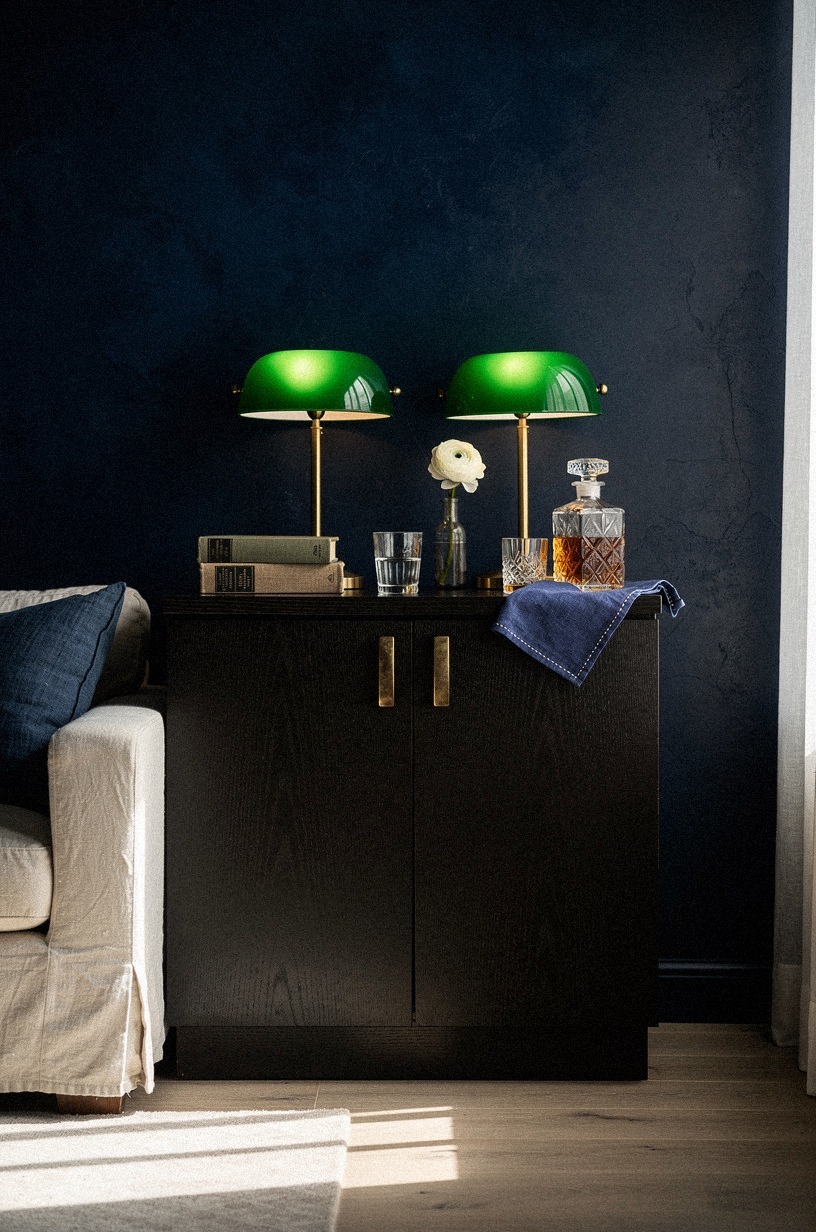 Place bankers lamps on the bar cabinet