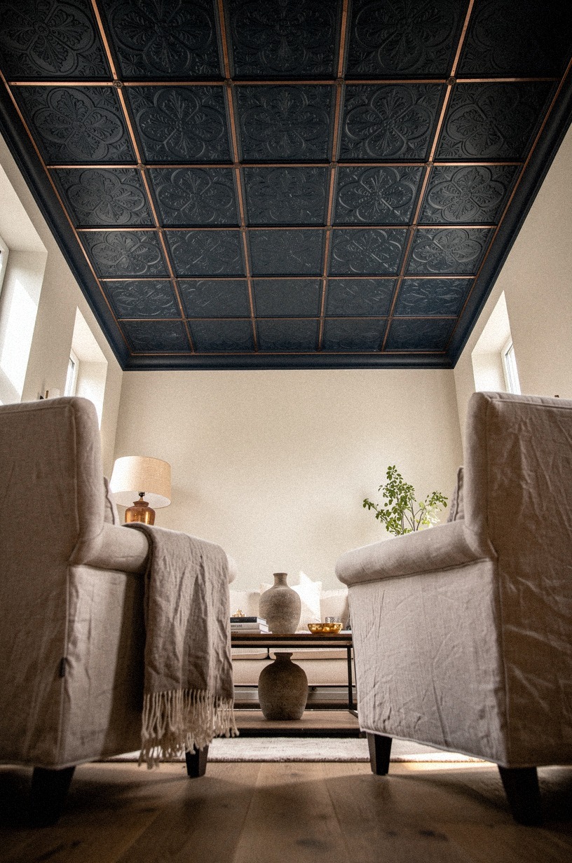 Wallpaper the ceiling in antique tin pattern