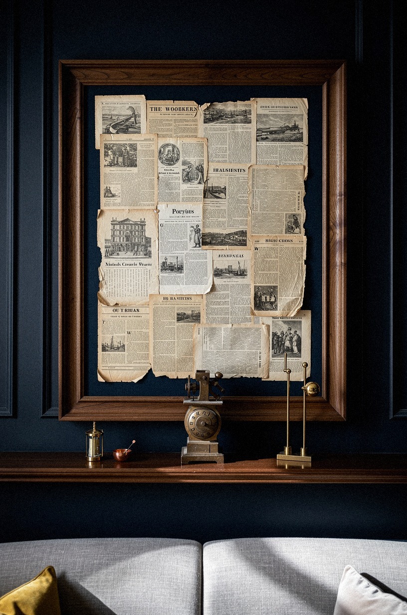 Pin a newspaper collage inside walnut molding