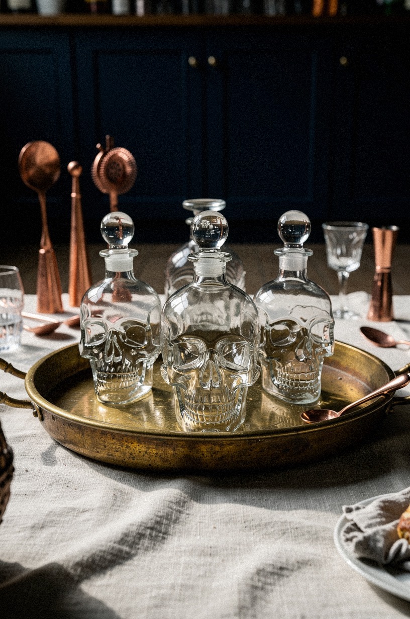 Style skull decanters on a brass tray
