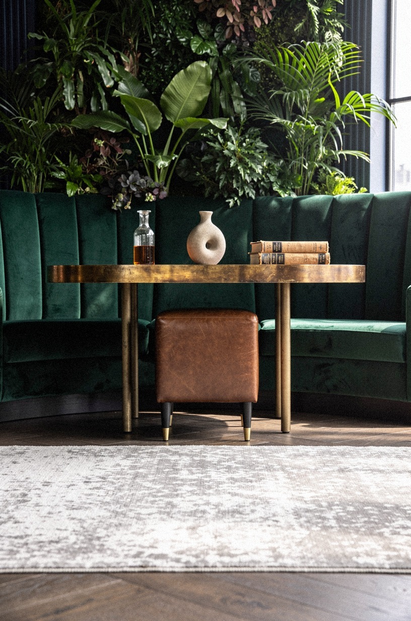 Slip a leather ottoman between velvet seats