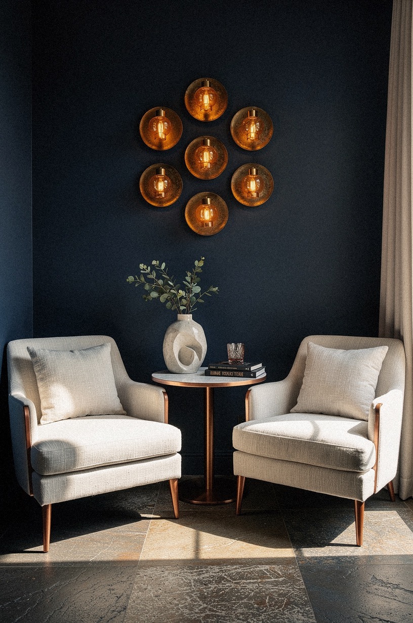 Cluster amber sconces around the seating nook