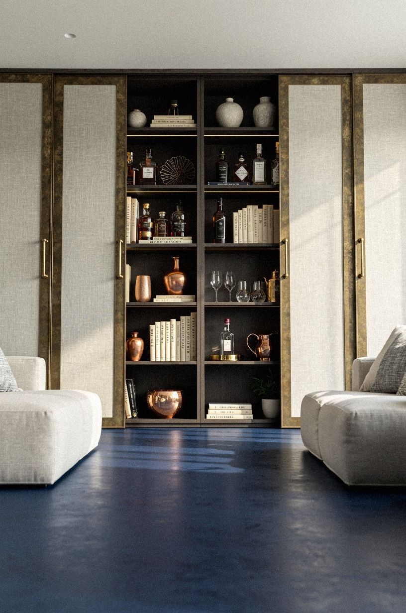 Hide spirits behind sliding bookcase panels
