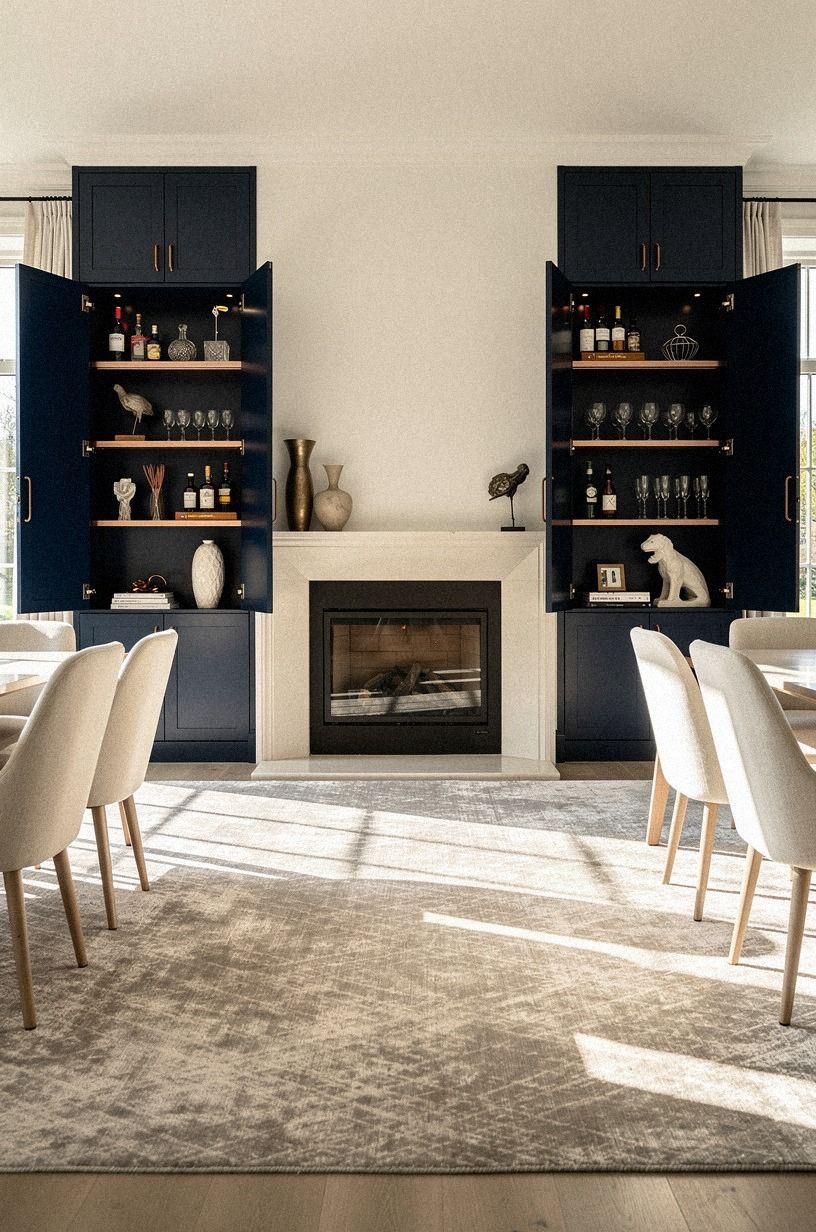 Flank the fireplace with hidden cocktail cupboards