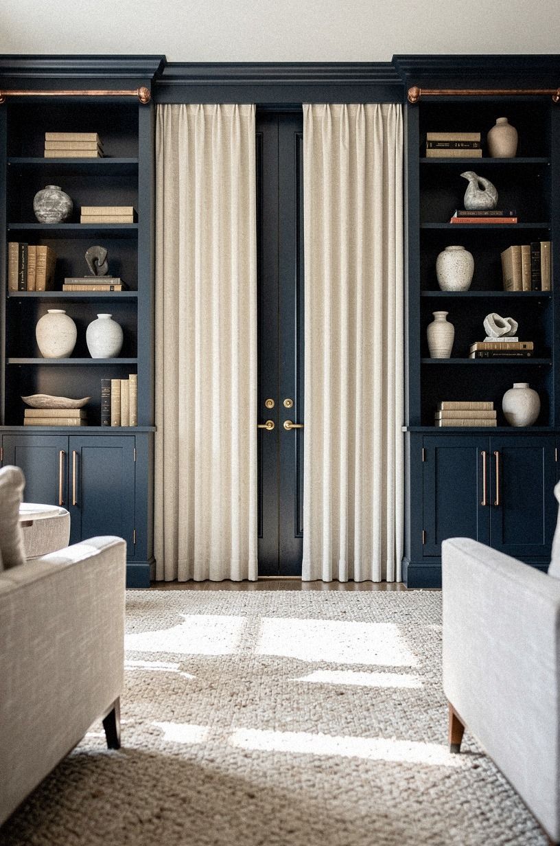 Install pocket doors behind velvet library curtains