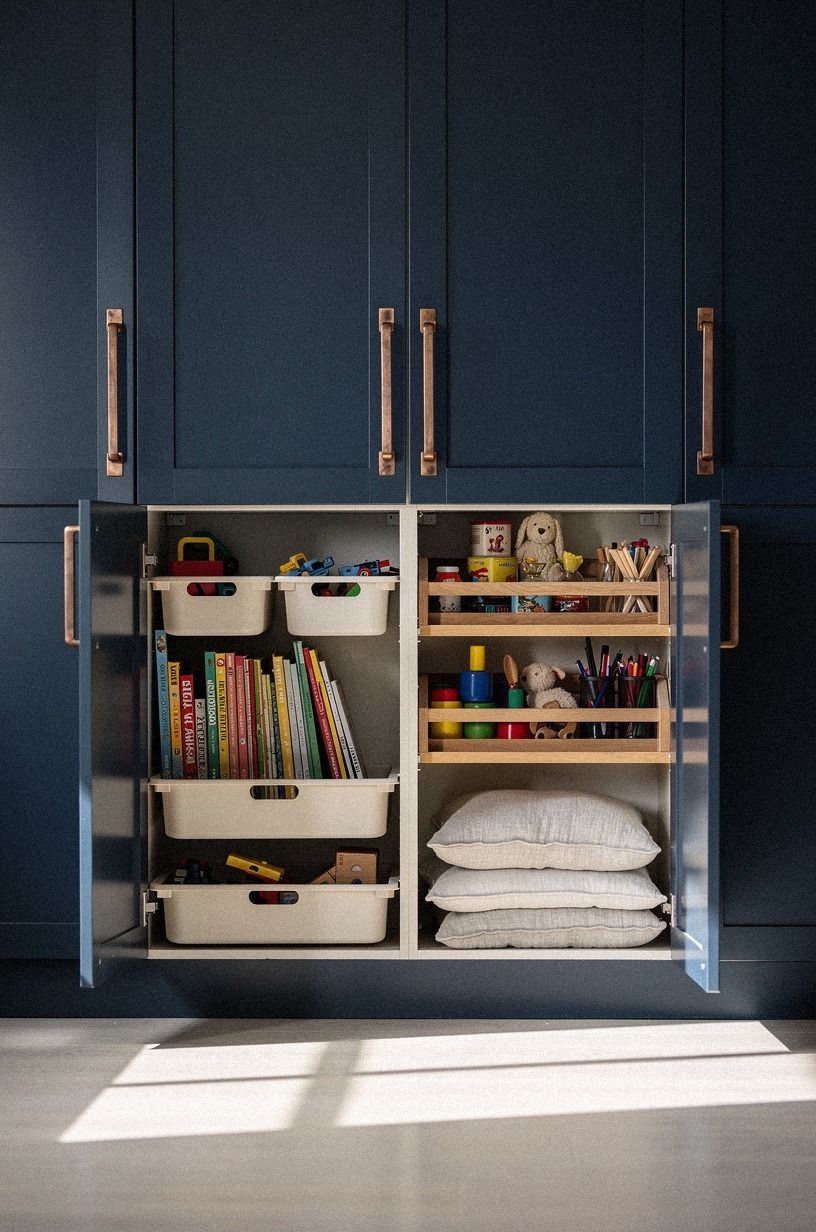 Install touch-latch cabinets for the supply wall
