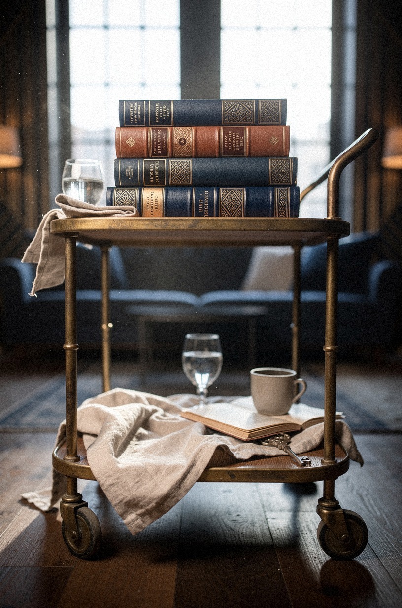 Stack Leather-Bound Books on a Wheeled Cart and Call It a Table